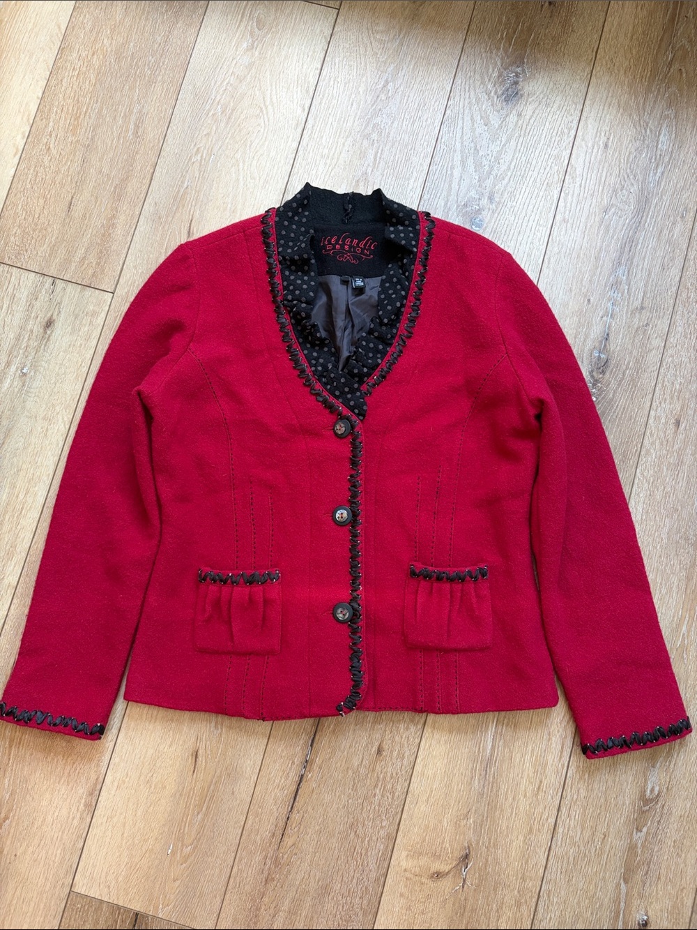 Icelandic Design Wool Blazer Jacket Womens Sz L Red Artsy Boho Button